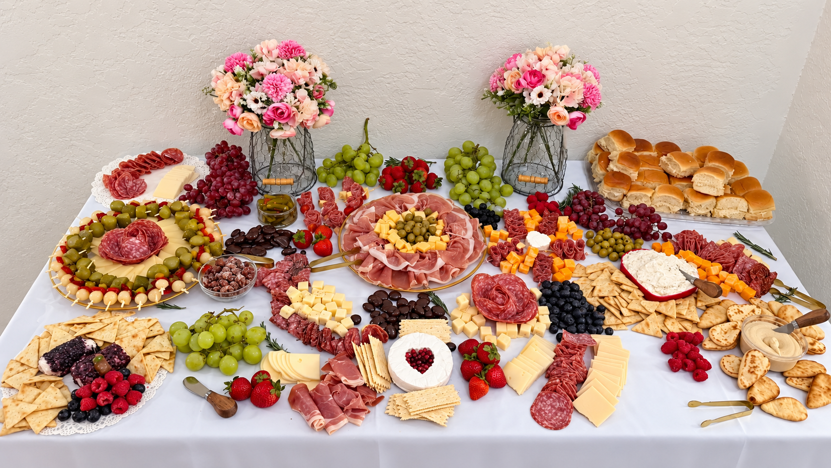 Charcuterie table with cheeses, cured meats, grapes, berries, crackers, breads and pink floral arrangements